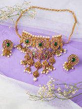 24K Gold Plated Pink and Green Emerald Peacock Choker Necklace Set with Earrings