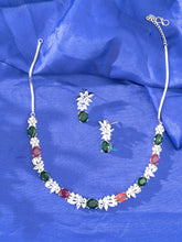 Silver Plated Flower Pink and Green AD Jewelry Set