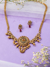 Gold Plated Floral Design Necklace Set with Pink Green and White CZ Stone Earrings