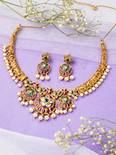 24K Gold Plated Floral Pink Green and White CZ stone Necklace Set with Earrings