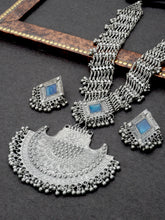 Traditional Long Silver Oxidized Haar with Ghungroo and Blue Stone