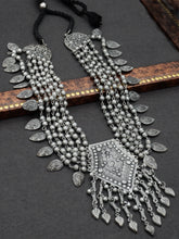 Elegant Silver Oxidized Jewelry with Leaf Accents Grey Beads and Ghungroo