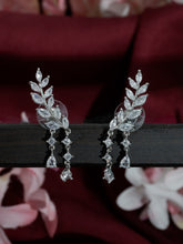 Elegant Rhodium-Plated American Diamond Leaf Design Dangler Earrings