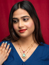 Double Layered Gold Plated Necklace with Cyan Pink and White CZ Stones