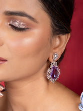 Luxurious Rhodium-Plated Oval Drop Purple American Diamond Earrings