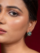 Rhodium-Plated Stud Earrings with Emerald and American Diamonds