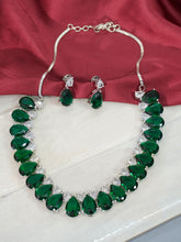 American Diamond Emerald Green Leaf Necklace Set Rhodium Plated