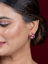 Rhodium-Plated American Diamond Stud Earrings with Ruby Red Stone