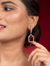 Rhodium-Plated Earrings with American Diamonds, Ruby, and Zircon