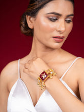 Fancy 24K Gold-Plated Adjustable Kada with Ghungroo, Pearls & Maroon Stone