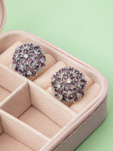 Rhodium Plated Floral Round Earrings with Purple and White AD Stones