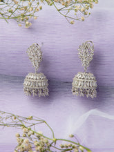 Rhodium Plated Glittery Jhumki Earrings with White American Diamonds