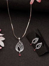 Dazzling Silver American Diamond and Ruby Red Pendant and Earring Set