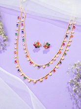 Matte Gold Plated Multicolor Two-Layered Necklace Set with Earrings