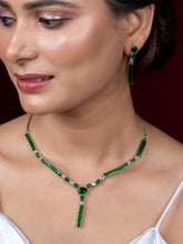Silver-Plated Green American Diamond Necklace Earring Set