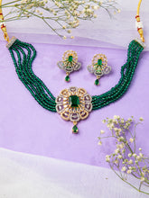 18K Gold Plated Multilayered Green Beads Necklace Set with White and Green AD Stones