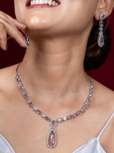 Silver Plated Pink and White American Diamond Necklace Earring Set