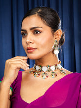 Brass Choker Necklace Set with Multicolor Stones and White Marble Accents