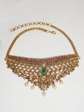 Antique 24K Gold Plated Choker Jewelery Set with Green Pink White CZ Studded Earrings