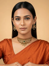 Antique 24K Gold Plated Choker Jewelery Set with Green Pink White CZ Studded Earrings