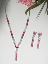 Silver Rhodium Plated Necklace Set with Hydro Pink Stones and White CZ Earrings