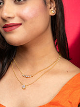 24K Gold Plated Double Layered Pendant Necklace Set with AD Stone Earrings