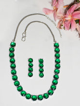 Silver Rhodium Plated Green Emerald Necklace and Earrings Set