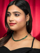 Silver Rhodium Plated Green Emerald Necklace and Earrings Set