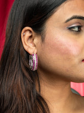 Silver Rhodium Round Hoop Earrings with Pink and White American Diamond Stones