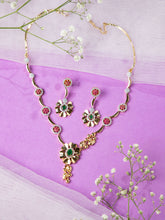 24K Gold Plated Ruby Emerald and White CZ Stone Floral Necklace Set with Earrings