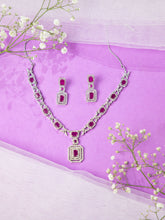 Silver Rhodium Plated Pink and White American Diamond Necklace Set with Earrings