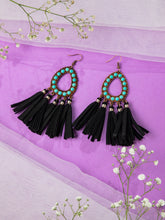 Bohemian Hanging Cyan Blue Beaded Earrings with Black Ribbons