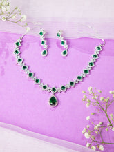 Rhodium Plated Emerald Green and White American Diamond Necklace Set with Earrings