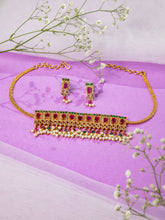 24K Gold Plated Ruby Emerald Pearl Finish Jadaau Chokar Necklace Set with Earrings