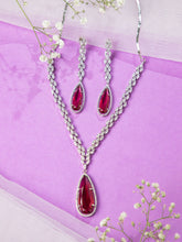 Rhodium Plated Pink and White American Diamond Necklace Set with Earrings