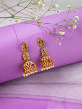 24K Gold Plated Ruby and Emerald Green Jhumka Earrings with CZ Stones and Pearls
