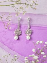 Rhodium American Diamond Long Designer Earrings with Faux Pearl