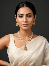 24K Gold Plated Triple Layered Pearl Necklace Set with Earrings