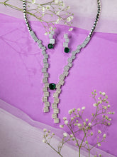 Rhodium Plated Green and White AD Necklace Set with Earrings