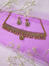 24K Gold Plated Ruby Emerald CZ Chokar Necklace Set with Earrings