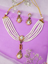 24K Gold Plated Multi Layered Pearl and Kundan Necklace Set with Earrings