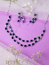 Rhodium Plated Royal Blue and White American Diamond Necklace Set with Earrings