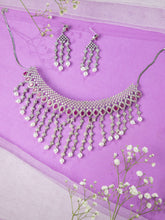 Rhodium Plated Pink and White American Diamond Choker Necklace Set with Earrings