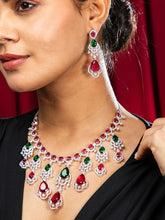 Regal Glow Green and Red American Diamond Necklace with Earrings