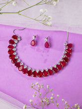 Silver Rhodium Rani Pink and White AD Necklace Set with Earrings