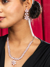 Rhodium Plated Pink AD Floral Necklace and Earrings Set