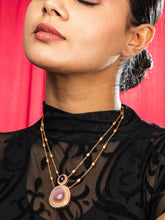 Matte Gold Plated Double Layered Necklace with Pink and Purple Stone Pendant