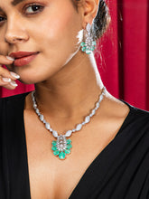 Rhodium Plated Aqua Green and White AD Necklace Set with Earrings