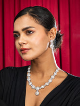 Rhodium Plated White AD and Faux Pearl Necklace with Earrings