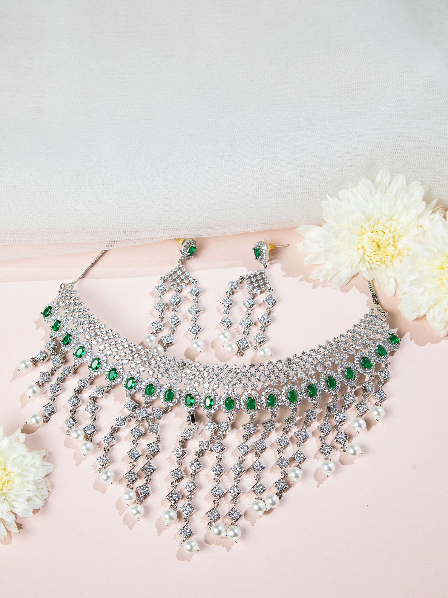 Bridal american diamond necklace set with dangling pearl drops